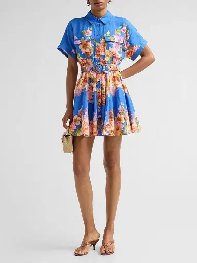 Hemant & Nandita Women's Floral Linen-Cotton Belted Mini Shirtdress - Blue | Thumbnail 2 Hemant & Nandita Women's Floral Linen-Cotton Belted Mini Shirtdress - Blue | Thumbnail 2