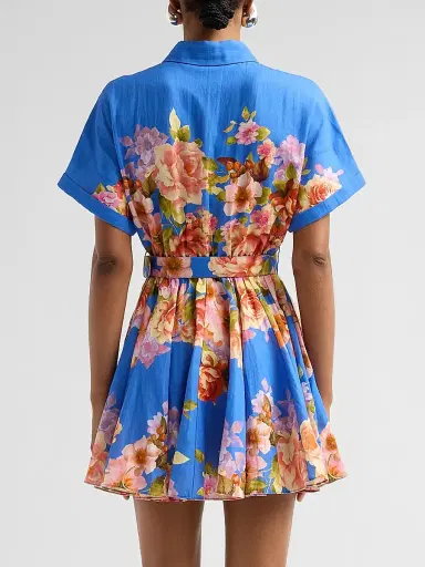 Hemant & Nandita Women's Floral Linen-Cotton Belted Mini Shirtdress - Blue | Thumbnail 3 Hemant & Nandita Women's Floral Linen-Cotton Belted Mini Shirtdress - Blue | Thumbnail 3