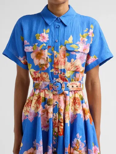 Hemant & Nandita Women's Floral Linen-Cotton Belted Mini Shirtdress - Blue | Thumbnail 5 Hemant & Nandita Women's Floral Linen-Cotton Belted Mini Shirtdress - Blue | Thumbnail 5