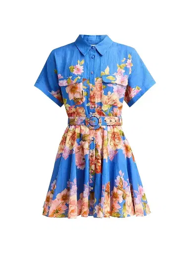 Hemant & Nandita Women's Floral Linen-Cotton Belted Mini Shirtdress - Blue | Thumbnail 1 Hemant & Nandita Women's Floral Linen-Cotton Belted Mini Shirtdress - Blue | Thumbnail 1