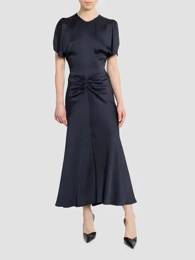 Victoria Beckham Women's Bela Satin Ruched Midi Dress - Midnight | Thumbnail 2 Victoria Beckham Women's Bela Satin Ruched Midi Dress - Midnight | Thumbnail 2