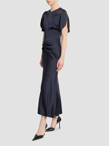 Victoria Beckham Women's Bela Satin Ruched Midi Dress - Midnight | Thumbnail 4 Victoria Beckham Women's Bela Satin Ruched Midi Dress - Midnight | Thumbnail 4