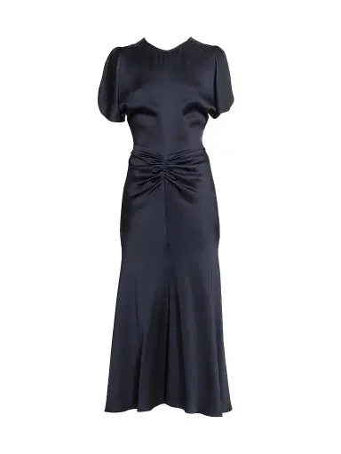 Victoria Beckham Women's Bela Satin Ruched Midi Dress - Midnight | Thumbnail 1 Victoria Beckham Women's Bela Satin Ruched Midi Dress - Midnight | Thumbnail 1