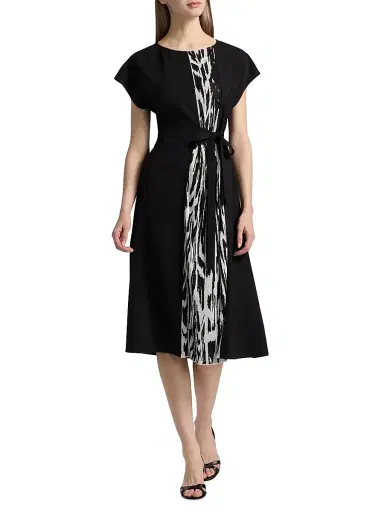 Misook Women's Abstract Print Tie-Waist Midi-Dress - Black New Ivory - Size XXL | Thumbnail 2 Misook Women's Abstract Print Tie-Waist Midi-Dress - Black New Ivory - Size XXL | Thumbnail 2