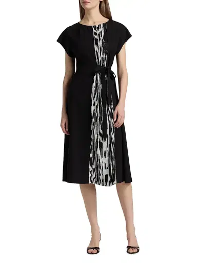 Misook Women's Abstract Print Tie-Waist Midi-Dress - Black New Ivory - Size XXL | Thumbnail 3 Misook Women's Abstract Print Tie-Waist Midi-Dress - Black New Ivory - Size XXL | Thumbnail 3