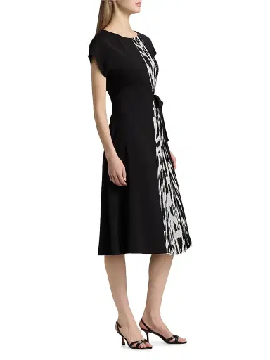 Misook Women's Abstract Print Tie-Waist Midi-Dress - Black New Ivory - Size XXL | Thumbnail 4 Misook Women's Abstract Print Tie-Waist Midi-Dress - Black New Ivory - Size XXL | Thumbnail 4