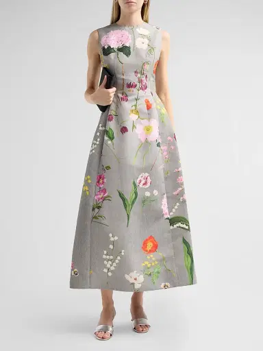Oscar de la Renta Women's Mixed Botanical Faille Cocktail Dress | Thumbnail 2 Oscar de la Renta Women's Mixed Botanical Faille Cocktail Dress | Thumbnail 2