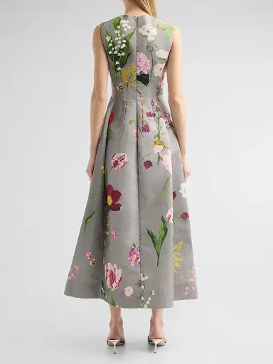 Oscar de la Renta Women's Mixed Botanical Faille Cocktail Dress | Thumbnail 3 Oscar de la Renta Women's Mixed Botanical Faille Cocktail Dress | Thumbnail 3
