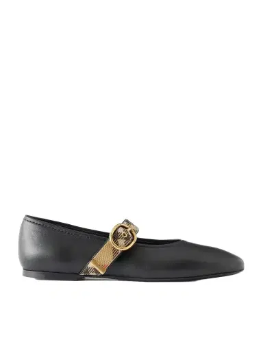 Burberry Check-trimmed Leather Mary Jane Ballet Flats | Thumbnail 1 Burberry Check-trimmed Leather Mary Jane Ballet Flats | Thumbnail 1
