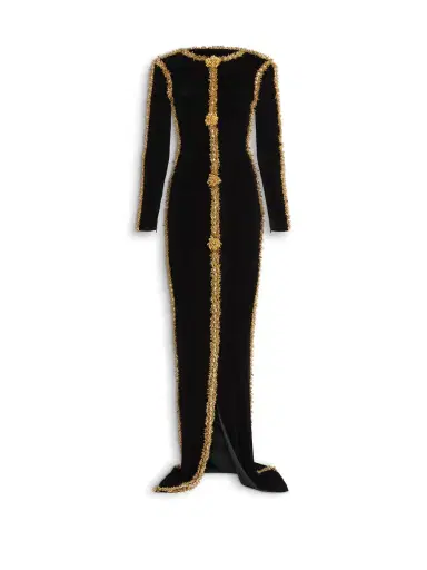 Balmain Long velvet dress with embroidered trim | Thumbnail 1 Balmain Long velvet dress with embroidered trim | Thumbnail 1