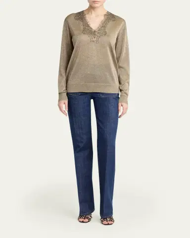 Valentino Garavani Lace-Trim Metallic Knit V-Neck Sweater | Thumbnail 2 Valentino Garavani Lace-Trim Metallic Knit V-Neck Sweater | Thumbnail 2