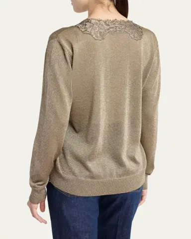 Valentino Garavani Lace-Trim Metallic Knit V-Neck Sweater | Thumbnail 3 Valentino Garavani Lace-Trim Metallic Knit V-Neck Sweater | Thumbnail 3