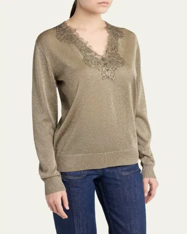 Valentino Garavani Lace-Trim Metallic Knit V-Neck Sweater | Thumbnail 4 Valentino Garavani Lace-Trim Metallic Knit V-Neck Sweater | Thumbnail 4