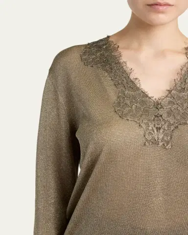 Valentino Garavani Lace-Trim Metallic Knit V-Neck Sweater | Thumbnail 5 Valentino Garavani Lace-Trim Metallic Knit V-Neck Sweater | Thumbnail 5