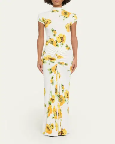 Alaïa Mock-Neck Draped Floral Jersey Cap-Sleeve Maxi Dress | Thumbnail 2 Alaïa Mock-Neck Draped Floral Jersey Cap-Sleeve Maxi Dress | Thumbnail 2