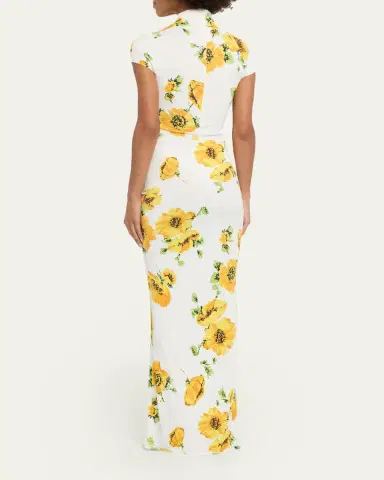 Alaïa Mock-Neck Draped Floral Jersey Cap-Sleeve Maxi Dress | Thumbnail 3 Alaïa Mock-Neck Draped Floral Jersey Cap-Sleeve Maxi Dress | Thumbnail 3