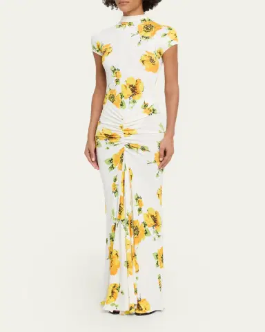 Alaïa Mock-Neck Draped Floral Jersey Cap-Sleeve Maxi Dress | Thumbnail 4 Alaïa Mock-Neck Draped Floral Jersey Cap-Sleeve Maxi Dress | Thumbnail 4