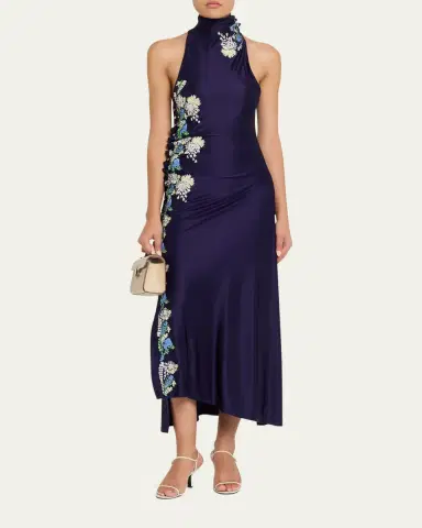 Rabanne Floral Embroidered Snap Draped Jersey Midi Dress | Thumbnail 2 Rabanne Floral Embroidered Snap Draped Jersey Midi Dress | Thumbnail 2