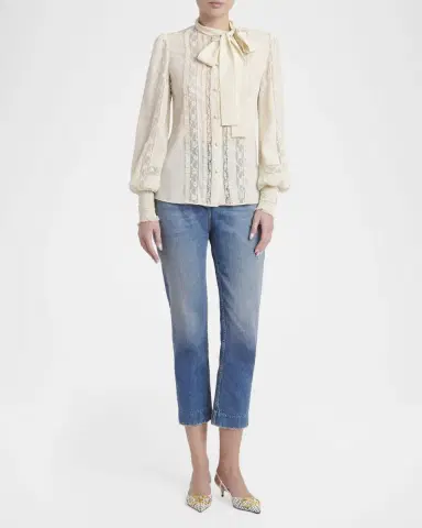 Valentino Garavani Lace-Inset Ruffle Bow-Neck Silk Shirt | Thumbnail 2 Valentino Garavani Lace-Inset Ruffle Bow-Neck Silk Shirt | Thumbnail 2