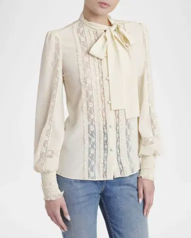 Valentino Garavani Lace-Inset Ruffle Bow-Neck Silk Shirt | Thumbnail 4 Valentino Garavani Lace-Inset Ruffle Bow-Neck Silk Shirt | Thumbnail 4