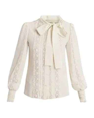 Valentino Garavani Lace-Inset Ruffle Bow-Neck Silk Shirt | Thumbnail 1 Valentino Garavani Lace-Inset Ruffle Bow-Neck Silk Shirt | Thumbnail 1