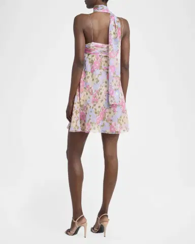 Valentino Garavani Floral Silk Georgette Mini Babydoll Dress With Neck Scarf | Thumbnail 3 Valentino Garavani Floral Silk Georgette Mini Babydoll Dress With Neck Scarf | Thumbnail 3