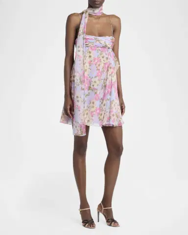 Valentino Garavani Floral Silk Georgette Mini Babydoll Dress With Neck Scarf | Thumbnail 4 Valentino Garavani Floral Silk Georgette Mini Babydoll Dress With Neck Scarf | Thumbnail 4