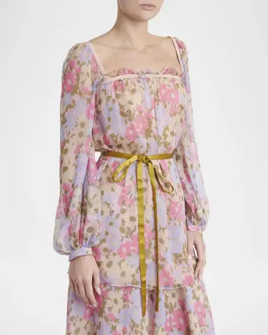 Valentino Garavani Floral-Print Silk Chiffon Long-Sleeve Belted Blouse | Thumbnail 4 Valentino Garavani Floral-Print Silk Chiffon Long-Sleeve Belted Blouse | Thumbnail 4