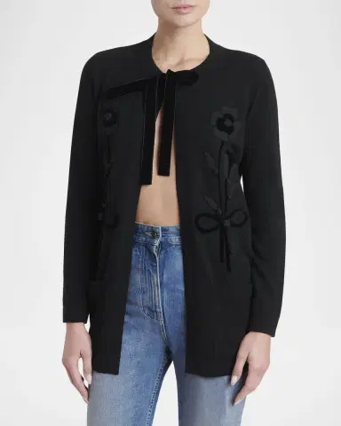 Valentino Garavani Floral Velvet Embroidered Crewneck Cardigan | Thumbnail 4 Valentino Garavani Floral Velvet Embroidered Crewneck Cardigan | Thumbnail 4