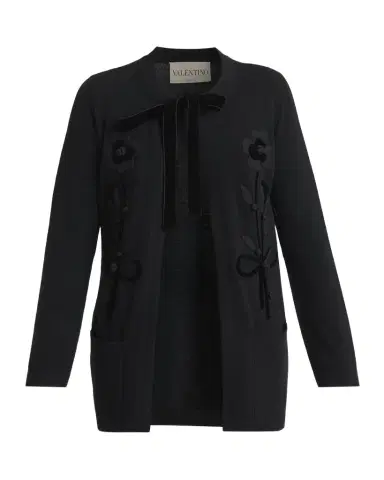 Valentino Garavani Floral Velvet Embroidered Crewneck Cardigan | Thumbnail 1 Valentino Garavani Floral Velvet Embroidered Crewneck Cardigan | Thumbnail 1