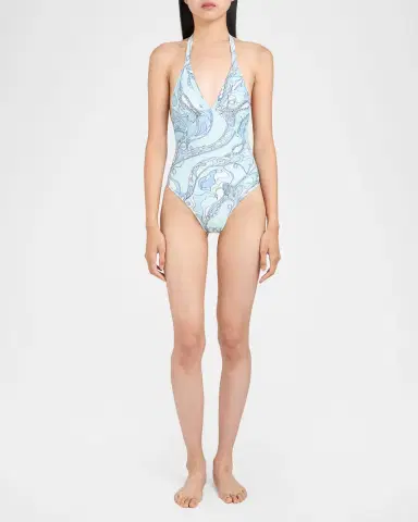 PUCCI Plunging Orchidee-Print Halter One-Piece Swimsuit | Thumbnail 2 PUCCI Plunging Orchidee-Print Halter One-Piece Swimsuit | Thumbnail 2