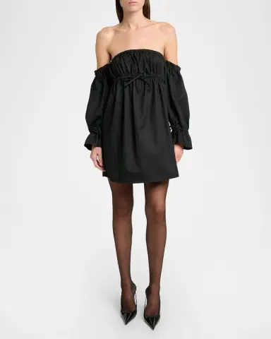 Saint Laurent Off-Shoulder Drawstring Cotton Poplin Mini Dress | Thumbnail 4 Saint Laurent Off-Shoulder Drawstring Cotton Poplin Mini Dress | Thumbnail 4