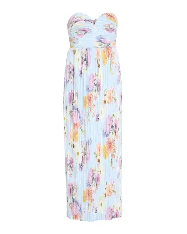 Calla Strapless Pleated Floral-Print Satin Column Gown Calla Strapless Pleated Floral-Print Satin Column Gown