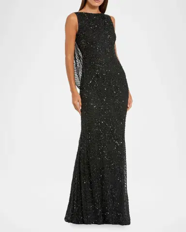 Mac Duggal Beaded Cowlback Mesh Column Gown | Thumbnail 2 Mac Duggal Beaded Cowlback Mesh Column Gown | Thumbnail 2