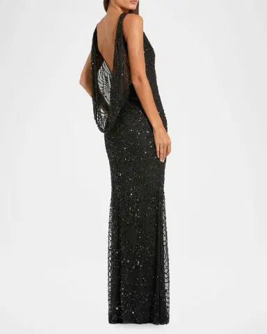 Mac Duggal Beaded Cowlback Mesh Column Gown | Thumbnail 3 Mac Duggal Beaded Cowlback Mesh Column Gown | Thumbnail 3
