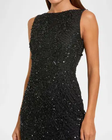 Mac Duggal Beaded Cowlback Mesh Column Gown | Thumbnail 4 Mac Duggal Beaded Cowlback Mesh Column Gown | Thumbnail 4