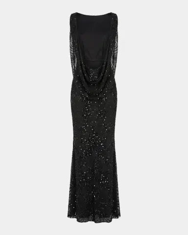 Mac Duggal Beaded Cowlback Mesh Column Gown | Thumbnail 5 Mac Duggal Beaded Cowlback Mesh Column Gown | Thumbnail 5
