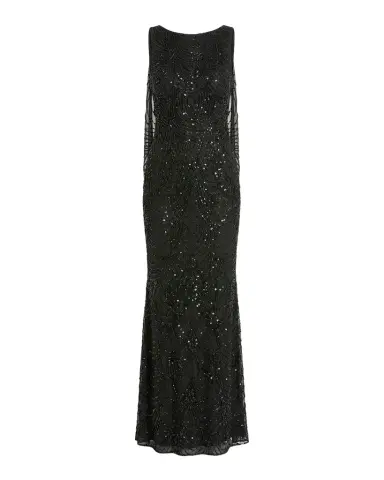 Mac Duggal Beaded Cowlback Mesh Column Gown | Thumbnail 1 Mac Duggal Beaded Cowlback Mesh Column Gown | Thumbnail 1