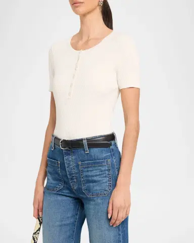 Nili Lotan Francene Short-Sleeve Rib Henley Sweater | Thumbnail 4 Nili Lotan Francene Short-Sleeve Rib Henley Sweater | Thumbnail 4