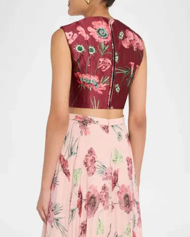 Erdem Floral Textured Satin Sleeveless Crop Top | Thumbnail 3 Erdem Floral Textured Satin Sleeveless Crop Top | Thumbnail 3