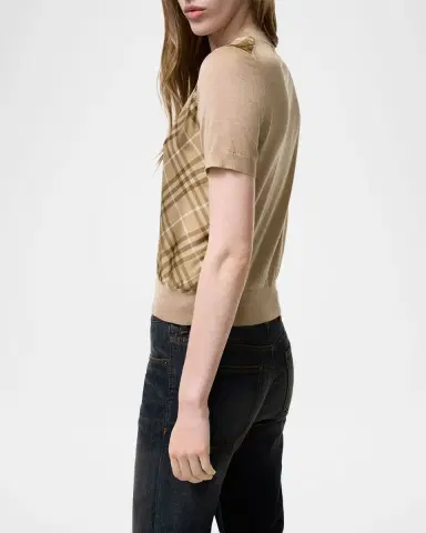 Burberry Short-Sleeve Check Silk Paneled Crewneck Sweater | Thumbnail 2 Burberry Short-Sleeve Check Silk Paneled Crewneck Sweater | Thumbnail 2