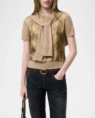 Burberry Short-Sleeve Check Silk Paneled Crewneck Sweater | Thumbnail 3 Burberry Short-Sleeve Check Silk Paneled Crewneck Sweater | Thumbnail 3