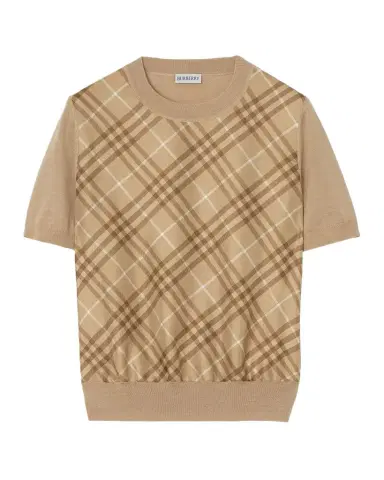 Burberry Short-Sleeve Check Silk Paneled Crewneck Sweater | Thumbnail 1 Burberry Short-Sleeve Check Silk Paneled Crewneck Sweater | Thumbnail 1