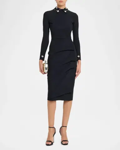 Chiara Boni La Petite Robe Ferflo Embellished Long-Sleeve Gathered Midi Dress | Thumbnail 2 Chiara Boni La Petite Robe Ferflo Embellished Long-Sleeve Gathered Midi Dress | Thumbnail 2