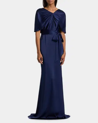 Badgley Mischka Hammered Satin Cape Sleeve Gown | Thumbnail 4 Badgley Mischka Hammered Satin Cape Sleeve Gown | Thumbnail 4
