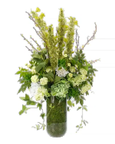 NDI Hydrangeas & Bells of Ireland 16" Faux Floral Arrangement in Moss Glass Vase | Thumbnail 2 NDI Hydrangeas & Bells of Ireland 16" Faux Floral Arrangement in Moss Glass Vase | Thumbnail 2