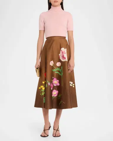 Oscar de la Renta Mixed Botanical Print Cotton Midi Skirt | Thumbnail 2 Oscar de la Renta Mixed Botanical Print Cotton Midi Skirt | Thumbnail 2