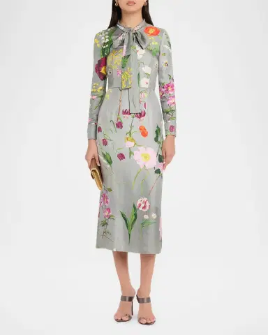 Oscar de la Renta Long-Sleeve Mixed Botanical Silk Scarf-Neck Midi Dress | Thumbnail 2 Oscar de la Renta Long-Sleeve Mixed Botanical Silk Scarf-Neck Midi Dress | Thumbnail 2