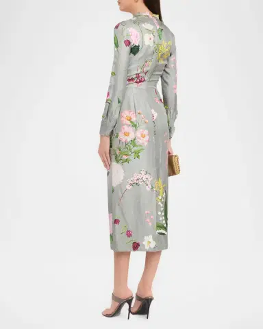 Oscar de la Renta Long-Sleeve Mixed Botanical Silk Scarf-Neck Midi Dress | Thumbnail 3 Oscar de la Renta Long-Sleeve Mixed Botanical Silk Scarf-Neck Midi Dress | Thumbnail 3