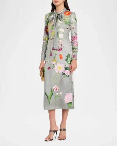 Oscar de la Renta Long-Sleeve Mixed Botanical Silk Scarf-Neck Midi Dress | Thumbnail 4 Oscar de la Renta Long-Sleeve Mixed Botanical Silk Scarf-Neck Midi Dress | Thumbnail 4